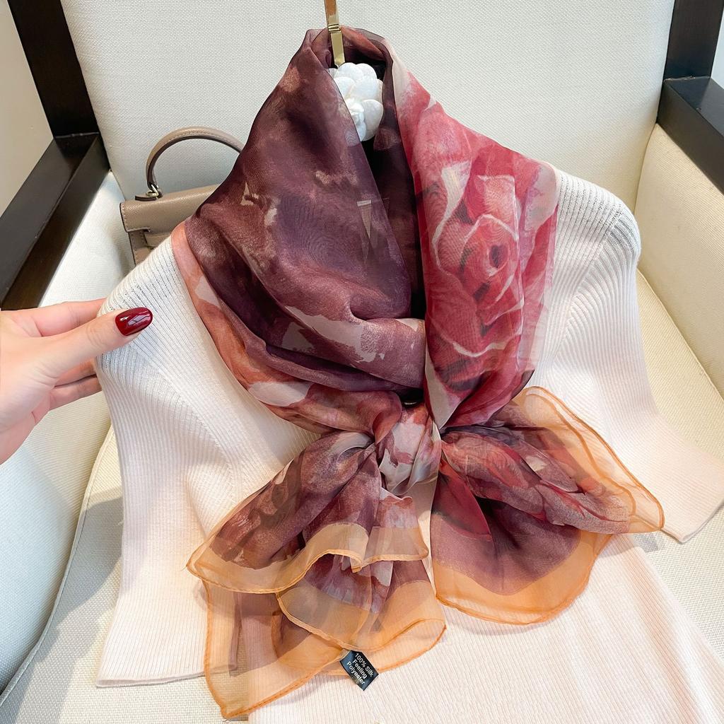 Women'S Scarf - Vibrant Red Gradient, Soft Lightweight Polyester Shawl with Feather Print, Breathable for Travel, Beach, Sun Protection