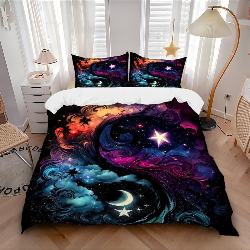 3pcs Celestial Dance in Vibrant Swirls and Stars Bedding Set - 1 Soft Quilt Cover + 2 Pillowcases, Machine Washable - Suitable for All Seaso