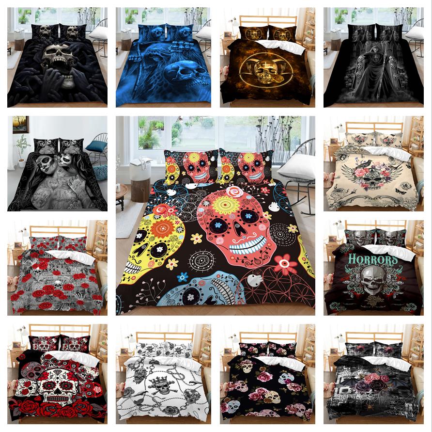 3D Skull Head Pattern Fashion Home Bedding Single Double Bed Full Size Pillowcase and Quilt Cover 2/3 Pieces of Microfiber Home Decoration