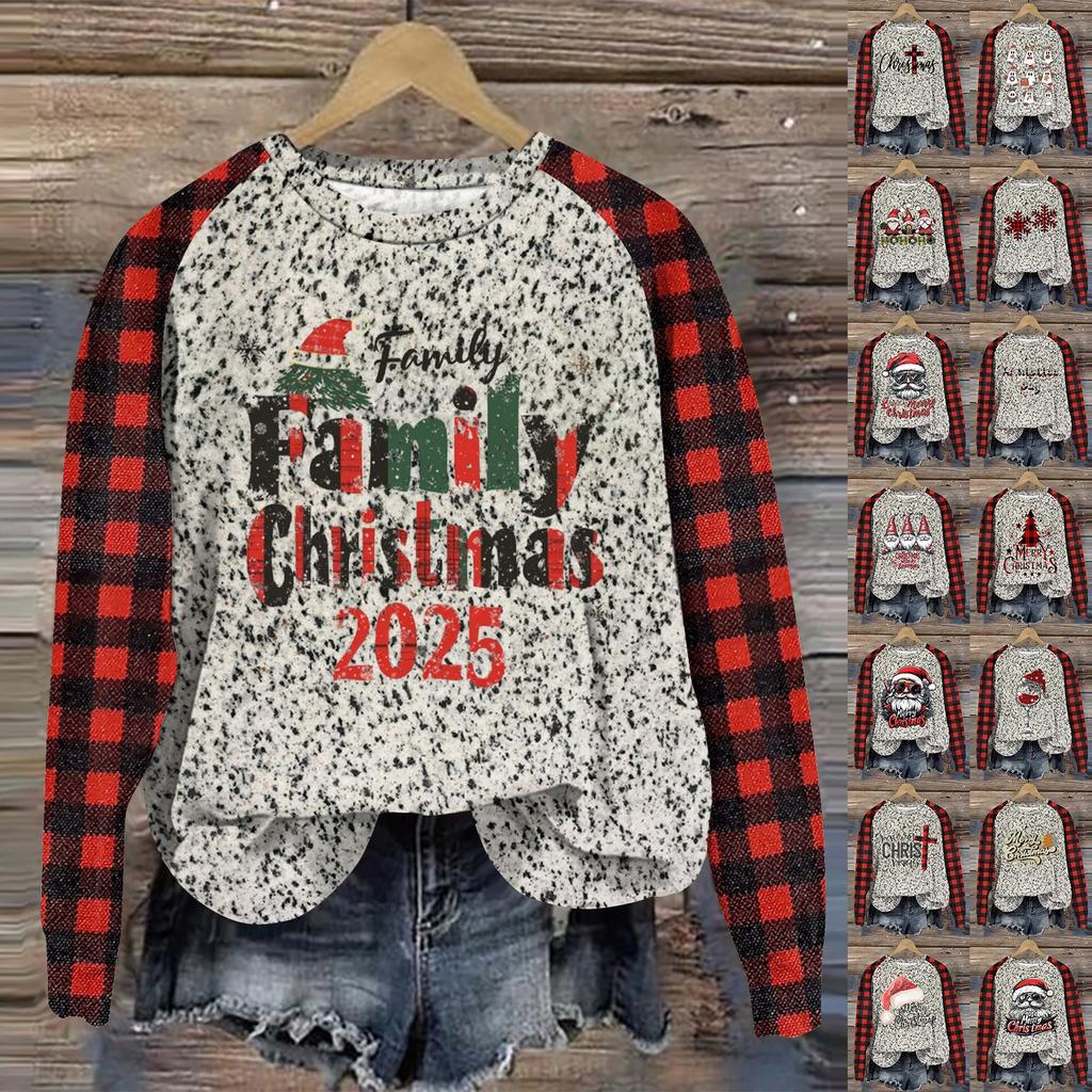 Women's Fashion Round Neck Pullover Plunging Sleeve Tee Christmas Printed Top