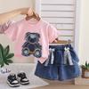 Girls Summer Cartoon Bear Print Denim Pants and Short Sleeve Two Piece Set