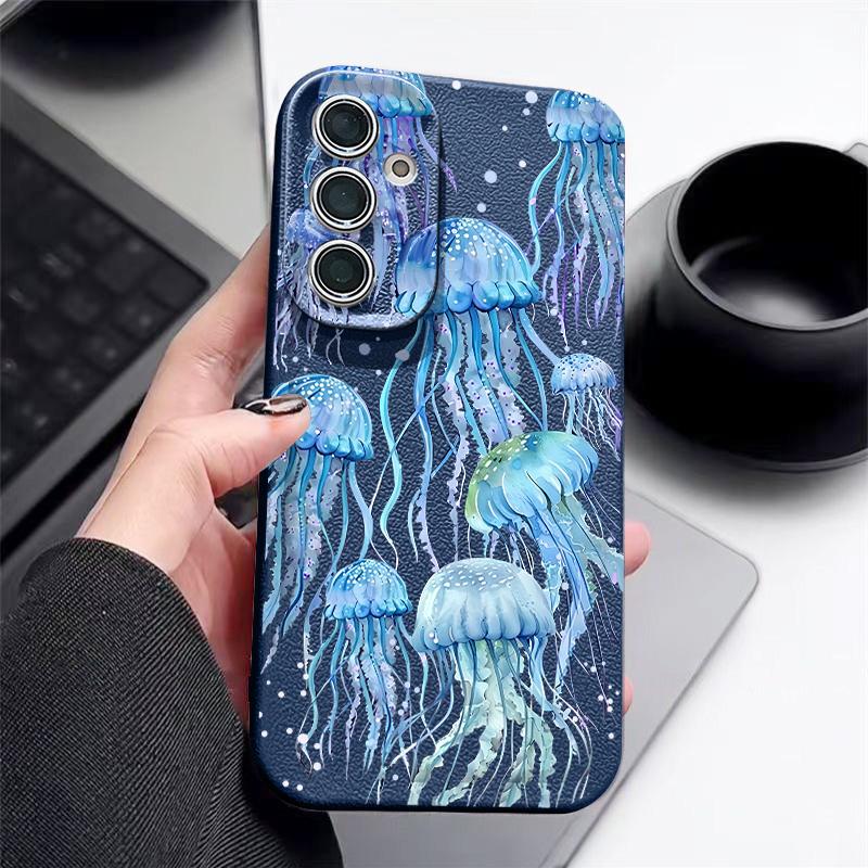 Синий Чехол для Телефона с Рыбой и Китом, Океан, Для Samsung S26 S25 S24 Ultra S23 S22 S21 FE A15 A16 A17 A35 A36 A37 A54 A55 A56 A57 5G, Кожаная Текстура, Мягкая Крышка