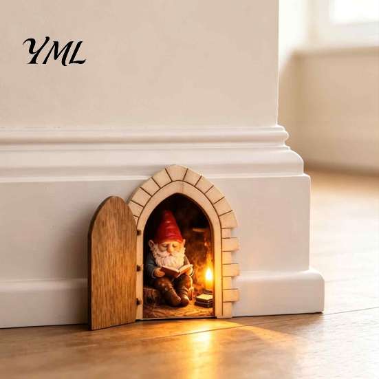 Small Wooden Door for Baseboards Opening Fairy with Hidden Gnome Scene, Miniature Wall Decor, Lightweight Flat House 2D Reading Scene Hinged