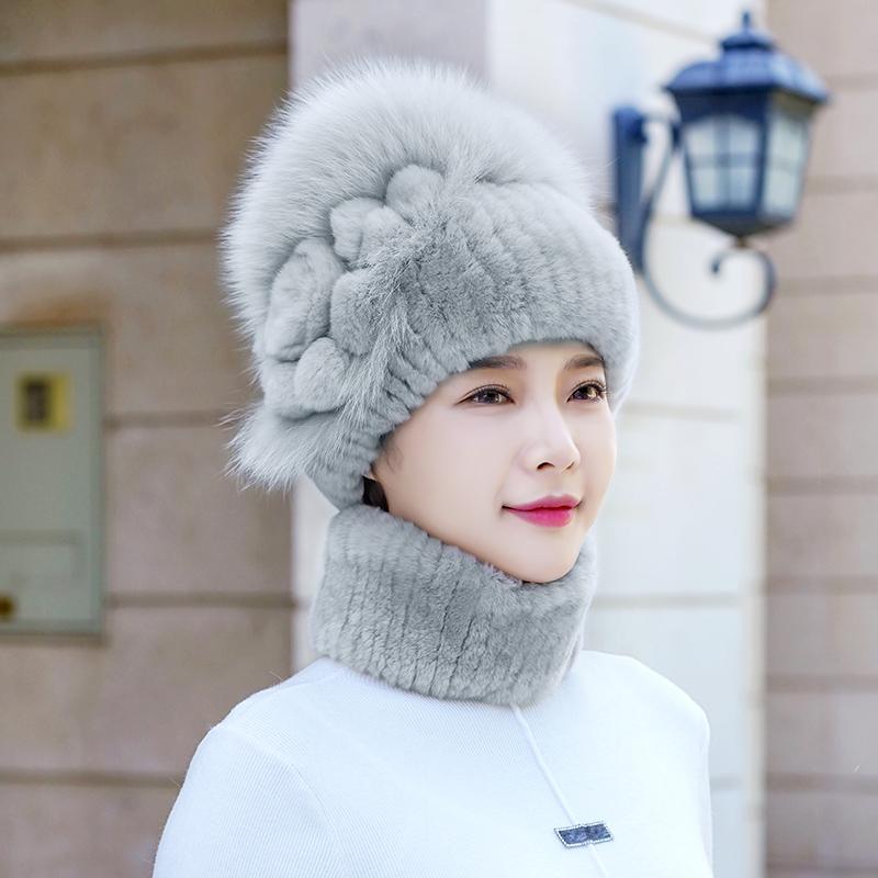 Real Rex Rabbit Fur Hat Women Winter Thickened Ear Protection Caps Knitted Scarf Hat Set Natural Fur Hat With Fox Fur Balls