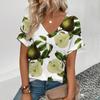 2024 Летняя футболка свободного кроя с V-образным вырезом, модный и веселый фруктовый принт, яркий и повседневный женский повседневный элегантный топ с короткими рукавами