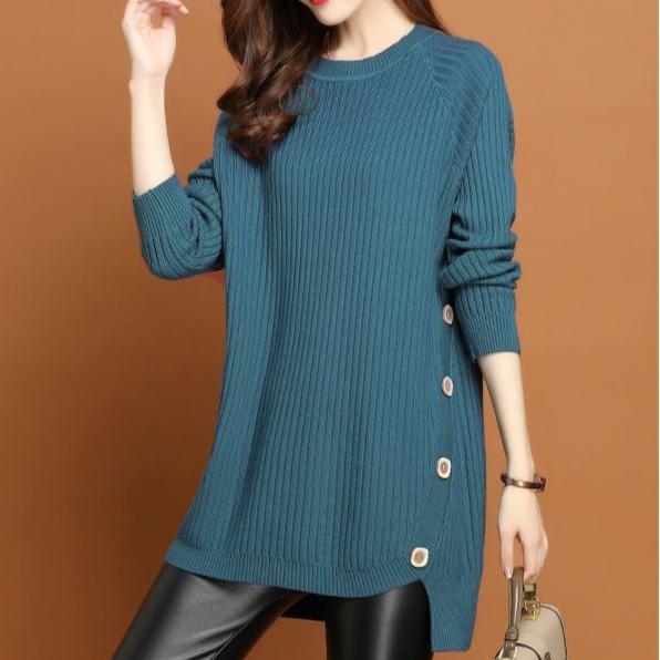 Women's Crew Neck Sweater Autumn Winter Loose Midi Pullover Knitwear Simple Irregular Hem Thick Knit Top Solid Color Stretch Jumper