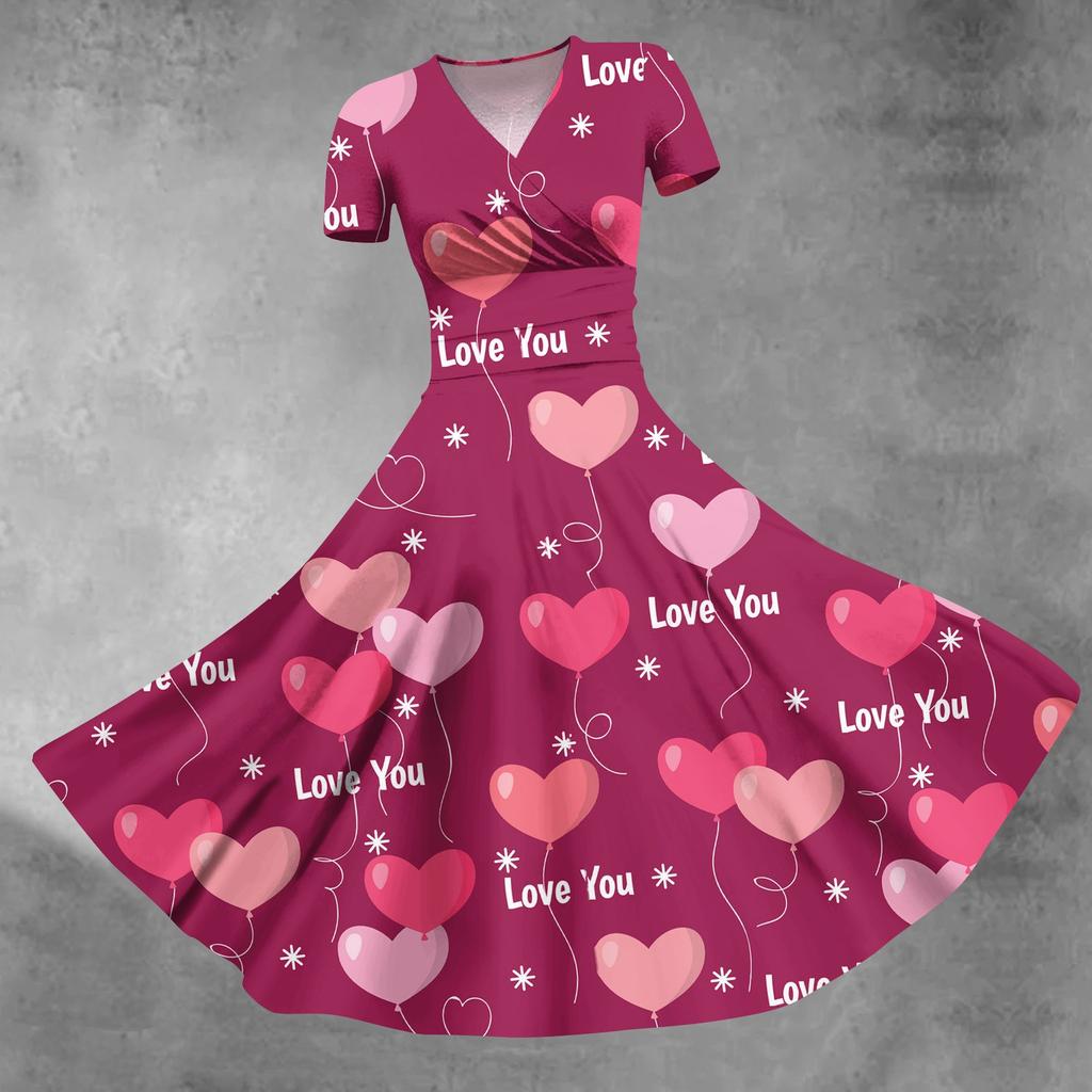 Женское платье принцессы, сексуальное плиссированное платье с короткими рукавами и v-образным вырезом на день святого Валентина, с принтом на талии