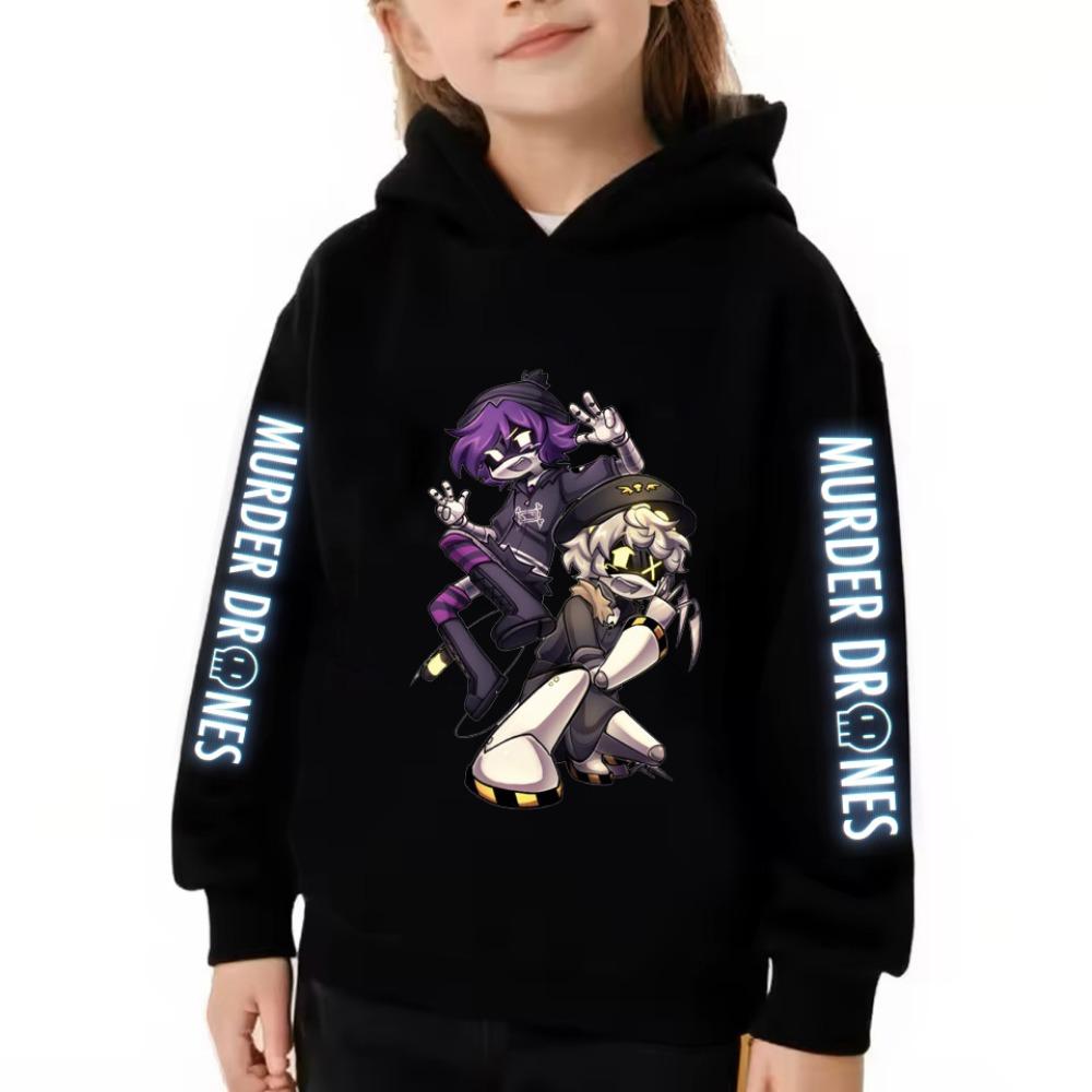 Fashion Children Hoodie, Trendy Sci-fi Robot Cartoon Characters And Sleeve Word Decor Pattern Pullover Sweatshirt, Fall Winter CasualSportLongSleeve