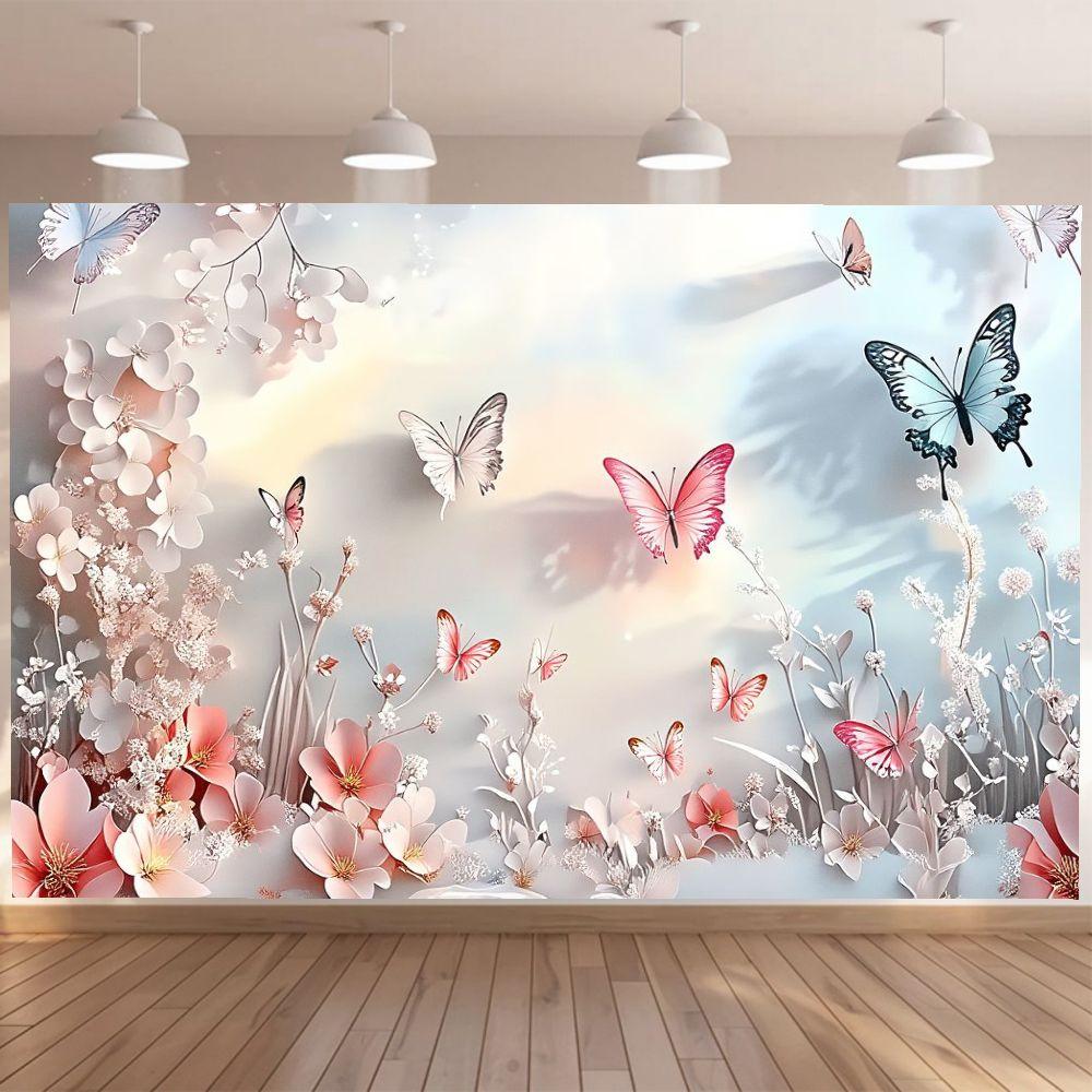 1pc wedding season backdrop banner soft pink and white flowers colorful butterfly decoration suitable for living room bedroo