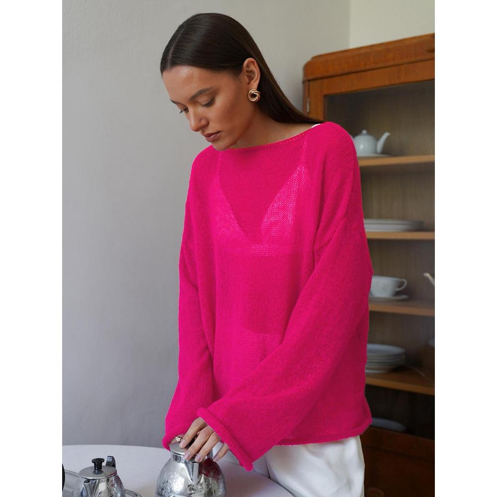 Трансграничная футболка с вырезами Новая женская перспективная тонкая трикотажная футболка с большим круглым вырезом и рукавами-фонариками