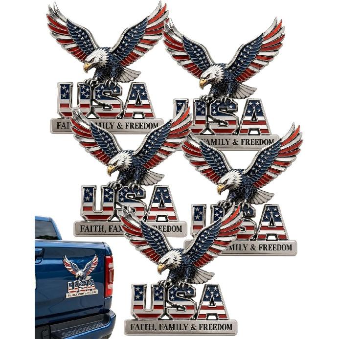 USA Faith Family Freedom Metal Emblem Car Decal Automotive 3D American Flag Badge We the People Patriotic 250th Anniversary Edition Bald Eagle