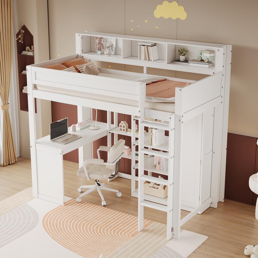 Bunk Bed with Desk and Wardrobe, Children's Bed, Fall Protection Rail, with Shelves and Four-Step Ladder, Storage, Pine+MDF+Plywood, White, 90x200cm