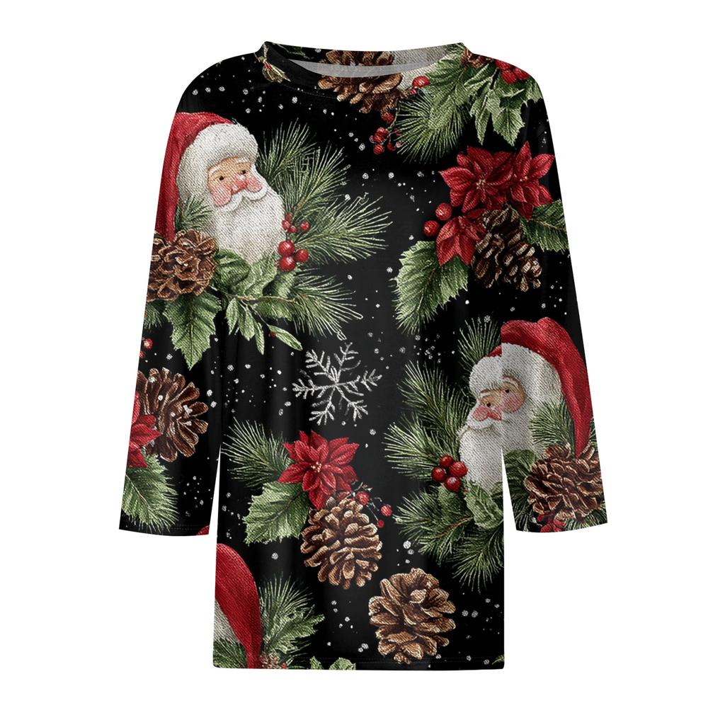 Women's Fashion Casual Round Neck 3/4 Sleeve Loose  Printed T-Shirt Ladies Top