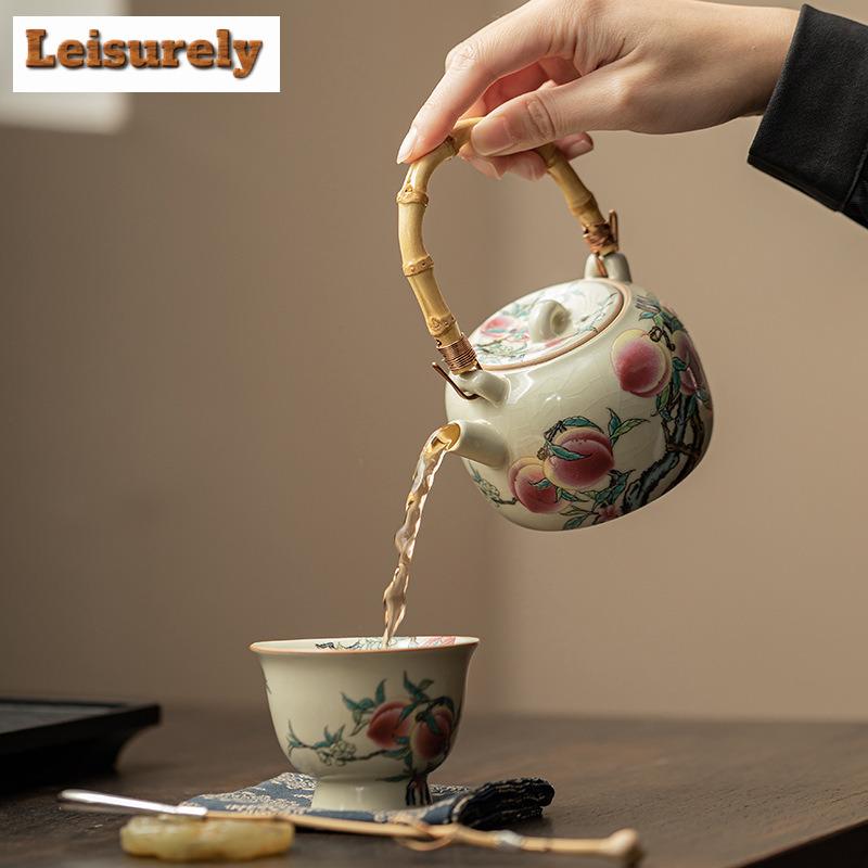210ml Antique Ru Kiln Teapot Elegant Nine Peach Bamboo Handle Beam Pot Tea Soaking Kettle Chinese Tea Set Supplies Decoration