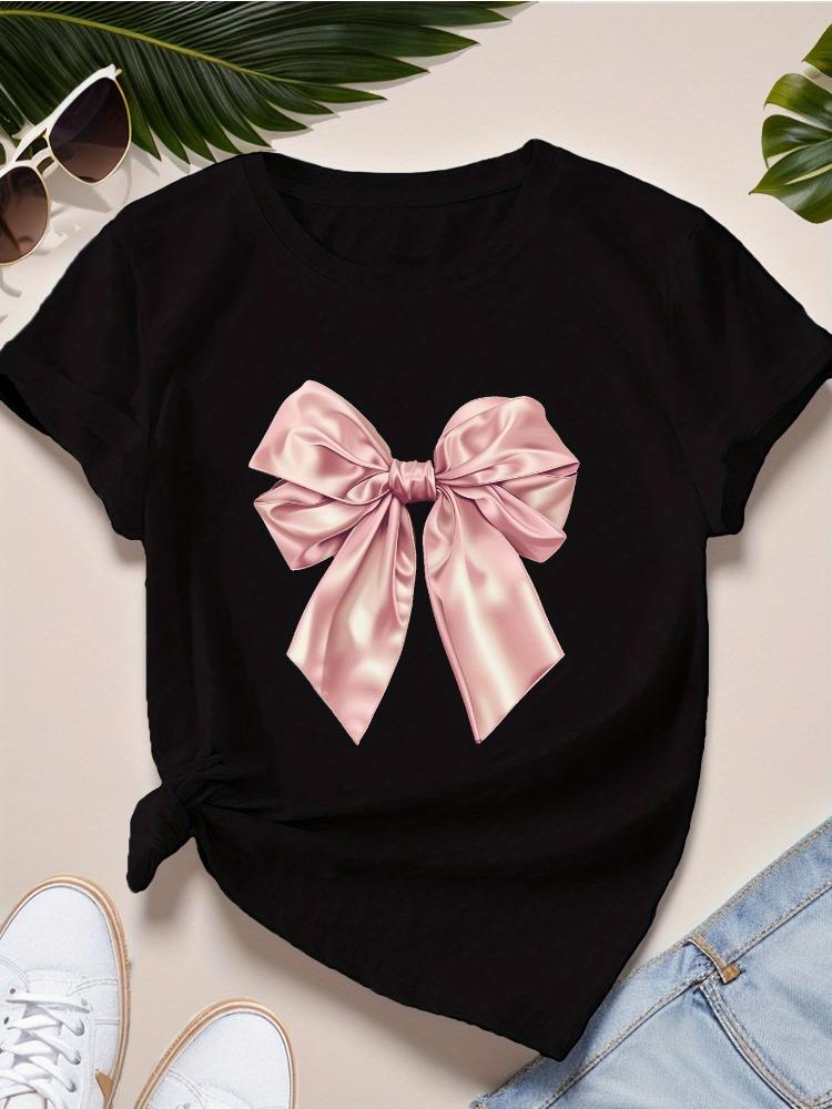 Fashionable Pink Bow Classic Style Women's Plus Size 100% Cotton Sports Short-sleeved Y2KT Shirt Streetwear Top