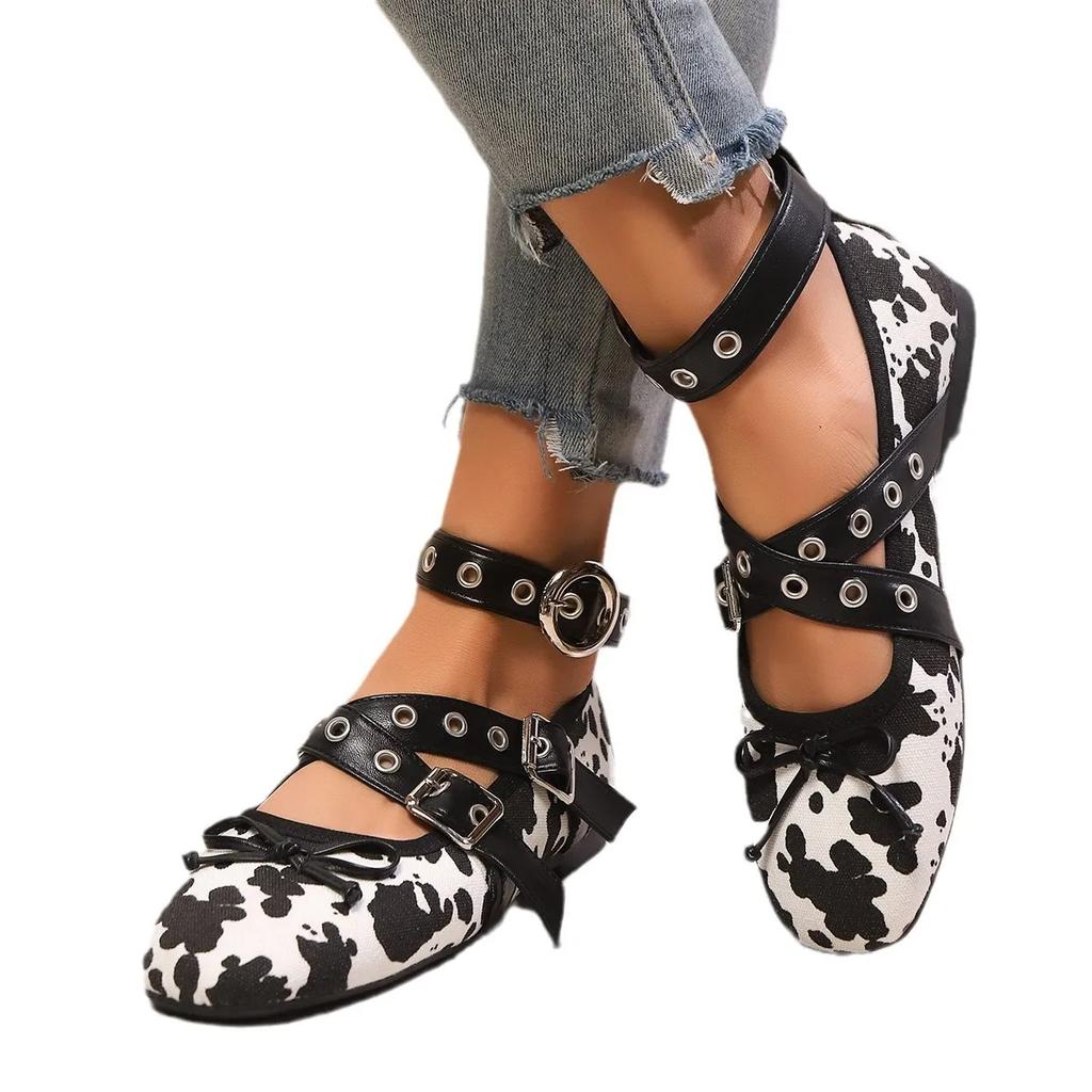 Fashion Woman Ballet Flats Fashion Cow Leopard Print Lace Up Woman Brand Design Ankle Buckle Strap Ladies Casual Leopard Canvas Loafer