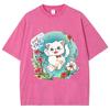 Cartoon Cute Kitten Print Women's T-Shirt Y2K Oversized Crew Neck Short Sleeve Wash Unisex  Fairy Style Top