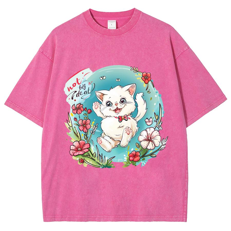 Cartoon Cute Kitten Print Women's T-Shirt Y2K Oversized Crew Neck Short Sleeve Wash Unisex  Fairy Style Top