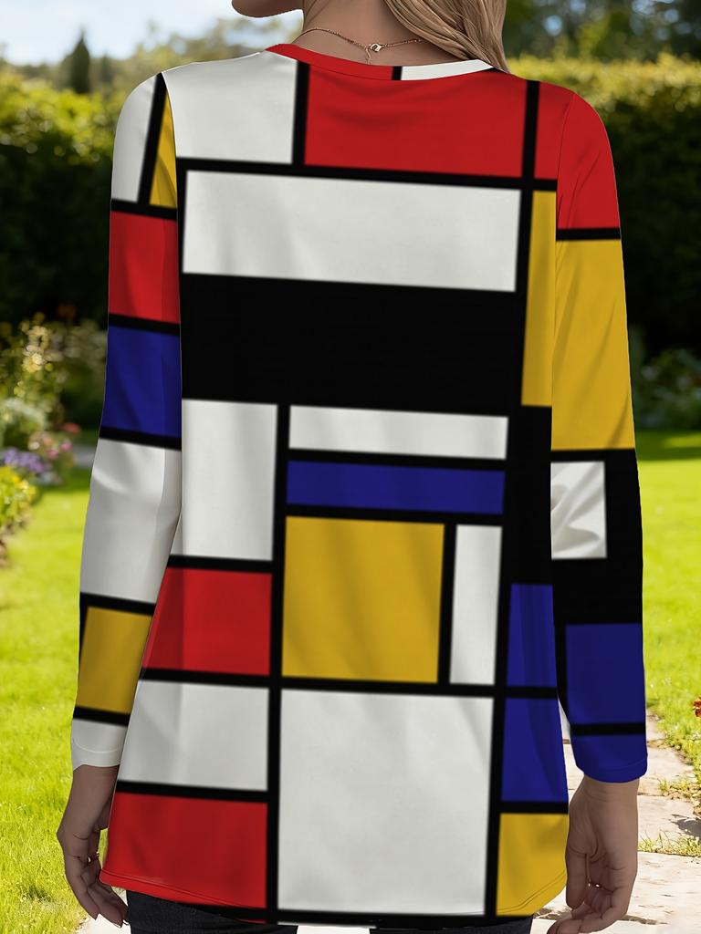 Women's plus size with pocket design Mondrian style printed long-sleeved T-shirt, fashionable loose and thin temperament versatile T-shirt