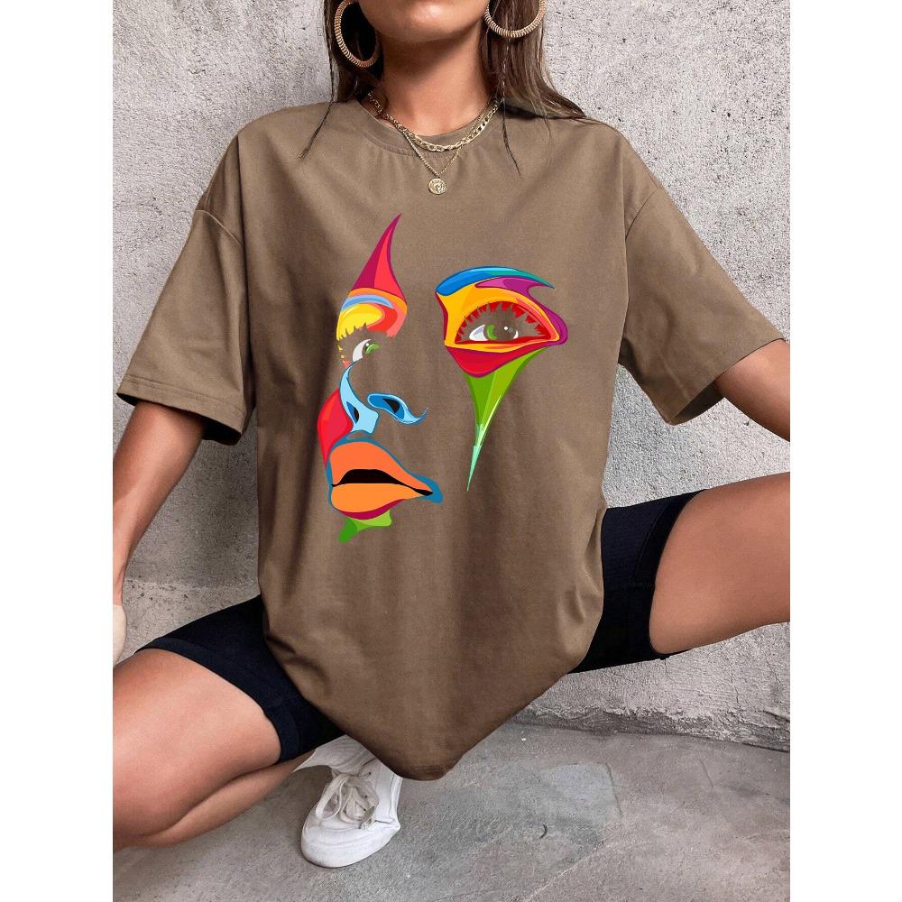 Painted Lady Face Personality Design Print T Shirt Female Street Comfortable T-Shirt