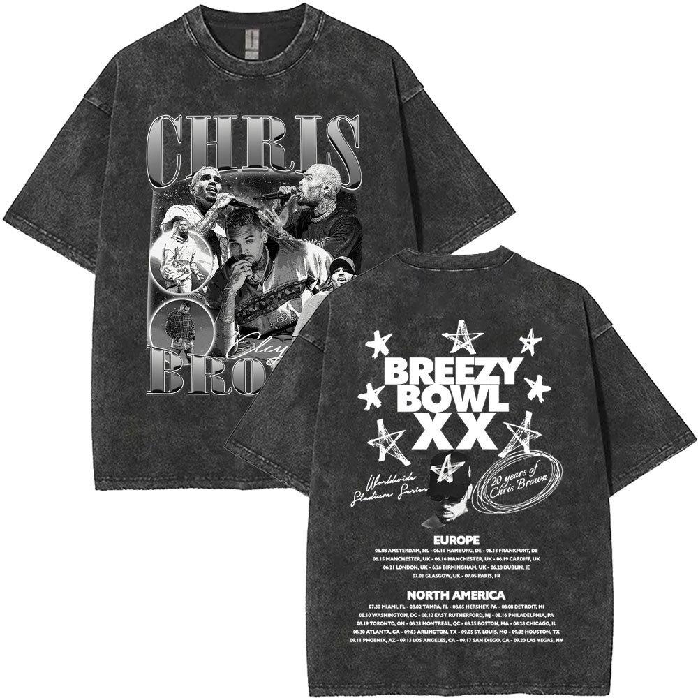Washed Chris Brown Breezy Bowl Xx Tour T-Shirts Men Hip