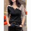 Весна Осень Новая Мода V-образный вырез Длинный рукав Женские Пуловеры Лоскутное сочетание цветов Вязаная Базовая Рубашка