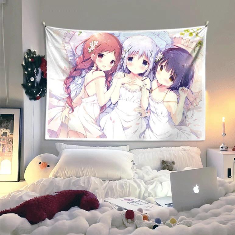 Is The Order A Rabbit Anime Tapestry Three Cute Girls White Dress Cartoon Wall Hanging Kawaii Bedroom Dorm Decor