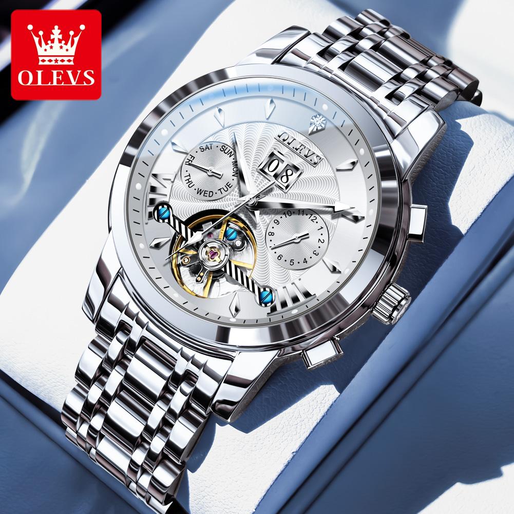 OLEVS Automatic Men's Watches Original Skeleton Flywheel Mechanical Watch for Man Waterproof Calendar Top Luxury Man Watch 9965