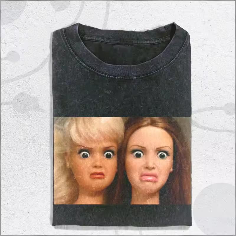 Vintage Washed Creepy Doll Shirt, Weird Twin Doll Faces Tee, Uncanny Expression Top Summer Men's and Women's Washed T-shirt Top