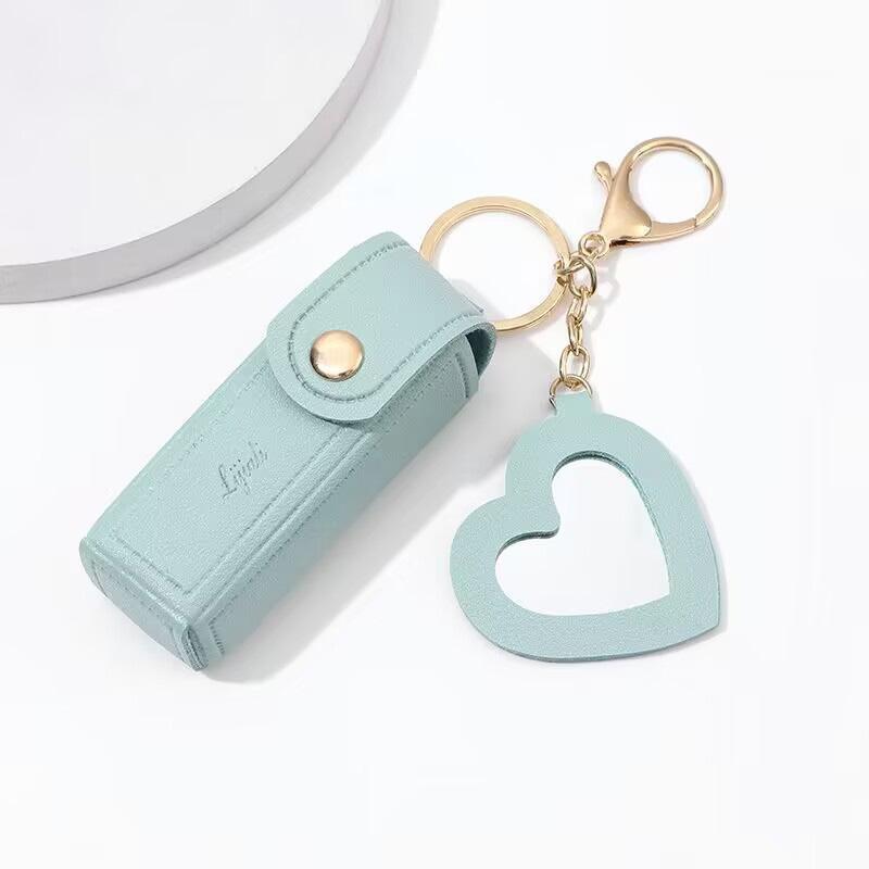 1pc Lipstick Bags Portable Keychain Solid Wallet Mini With Mirror Leather Protective Cover