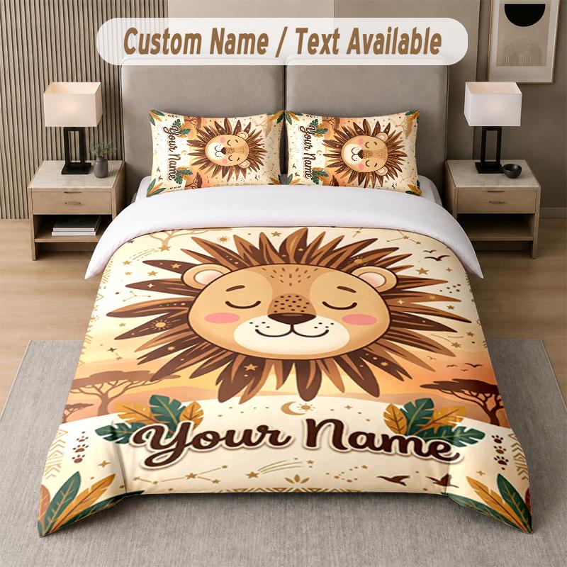 Lion Tiger Leopard Theme Custom Text Or Name 3Pcs Bedding Set 1 Flat Sheet & 2 Pillowcases Personalized Home Bedding