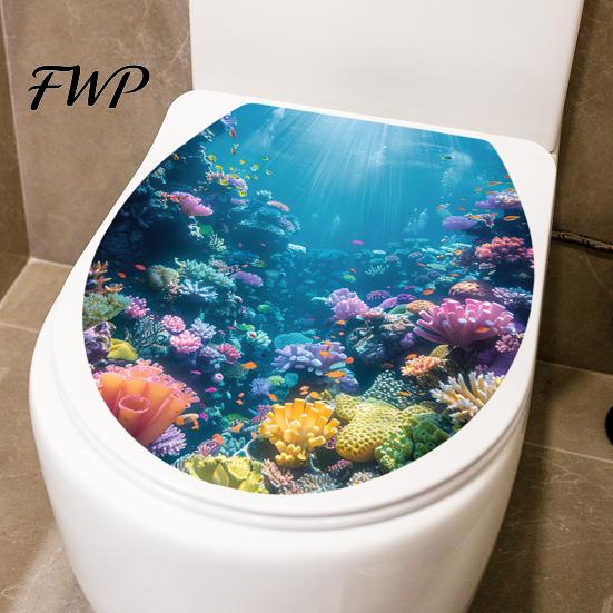 Easy Peel Stick Wall Stickers Sea World Toilet Sticker, & Seat Lid Bathroom Decals Decal, Ocean Landscape for Restroom Home Decoration Non Residue