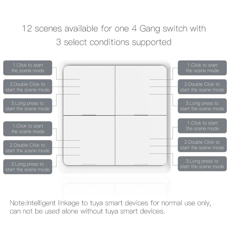 AUBESS Tuya ZigBee Smart Scene Switch 4 Gang 12 Scene Switch Push Button Controller Работает с приложением Smart Life ZigBee Gateway