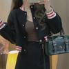 Черная короткая бейсбольная куртка в стиле колледжа для женщин 2025 года – Повседневная мода Весна/Осень