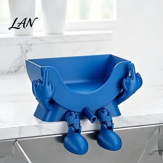 Non Slip Sink Side Storage Cute Little Man Hanging Sponge Holder, Durable Plastic Drain Rack with Modern Kitchen Organizer Ventilation, Anti
