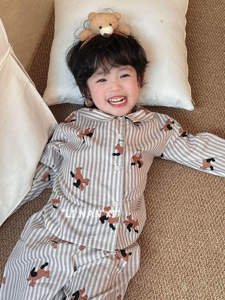 Весна 2025 Милый мультяшный пижамный комплект для детей – Отложной воротник, Детский дизайн, Брюки в комплекте