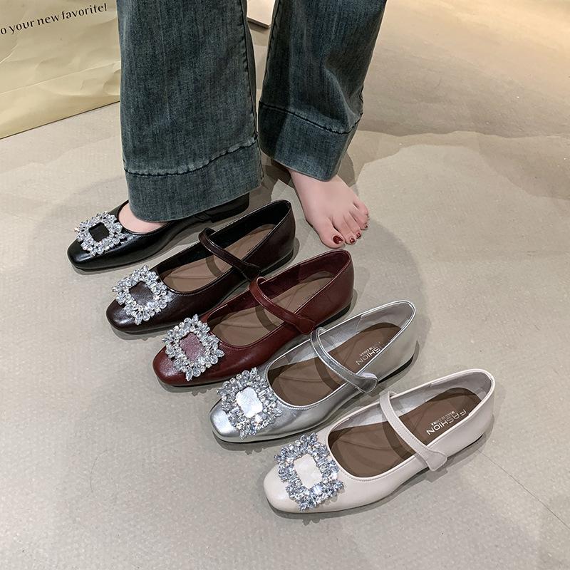 Temperament Rhinestone Silver Mary Jane Single Shoes Women's Shoes 2025 New Summer Flat Bottom with Skirt Gentle Evening Shoes