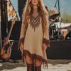 Fashion V Neck Long Sleeve Bohemian Dresses Vintage Pattern Printed Lace Loose Dress New Spring Tassel Patchwork Women's Dress