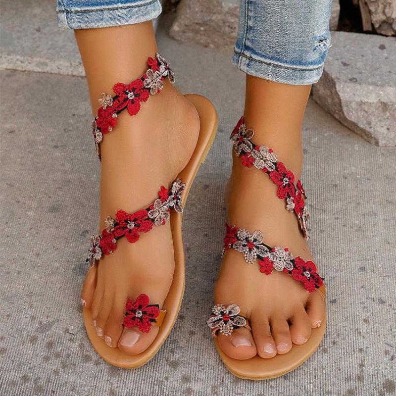 2025 летние новые босоножки бордовые цветочные женские туфли на плоской подошве большие размеры пляжные босоножки сандалии