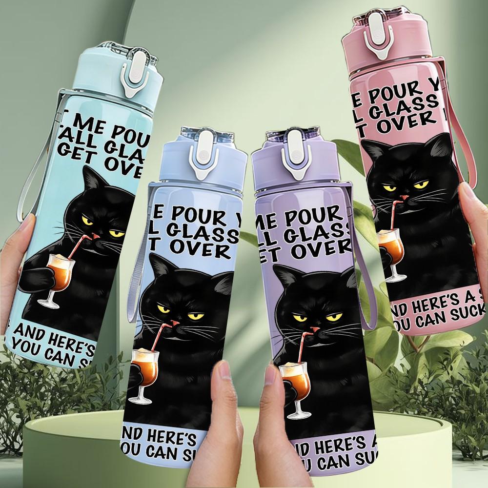 1PC Black Cat Funny Slogan Print 750ml Color Plastic Sports Water Bottle Leakproof Flip Straw Lid Suitable for Sports Office Home Use
