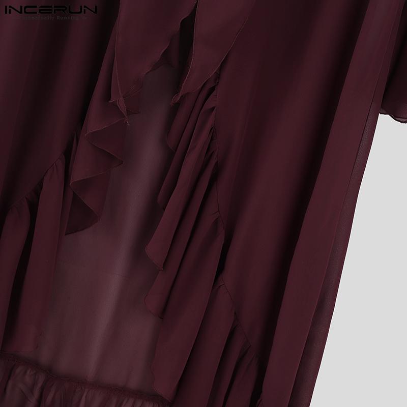 INCERUN Мужские топы с завязками на шее, длинными рукавами, оборками, неровными слоями, из сетки, длинные, для вечеринок и клубной одежды