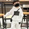 Winter and autumn trend black fashionable letter-printed children's hooded sweatshirt set, comfortable and soft for daily wear