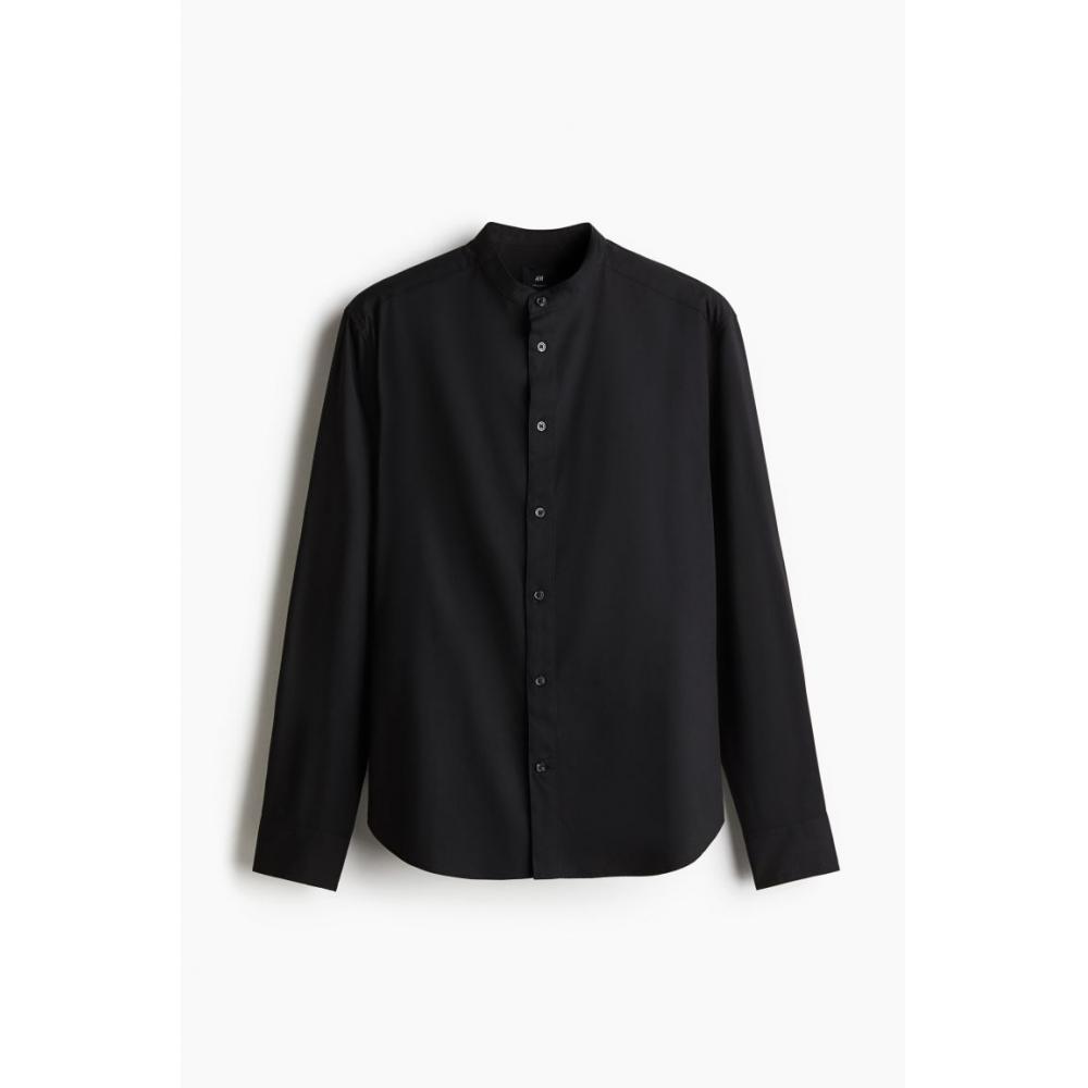 H M Regular Fit Stand Collar sHirt Black