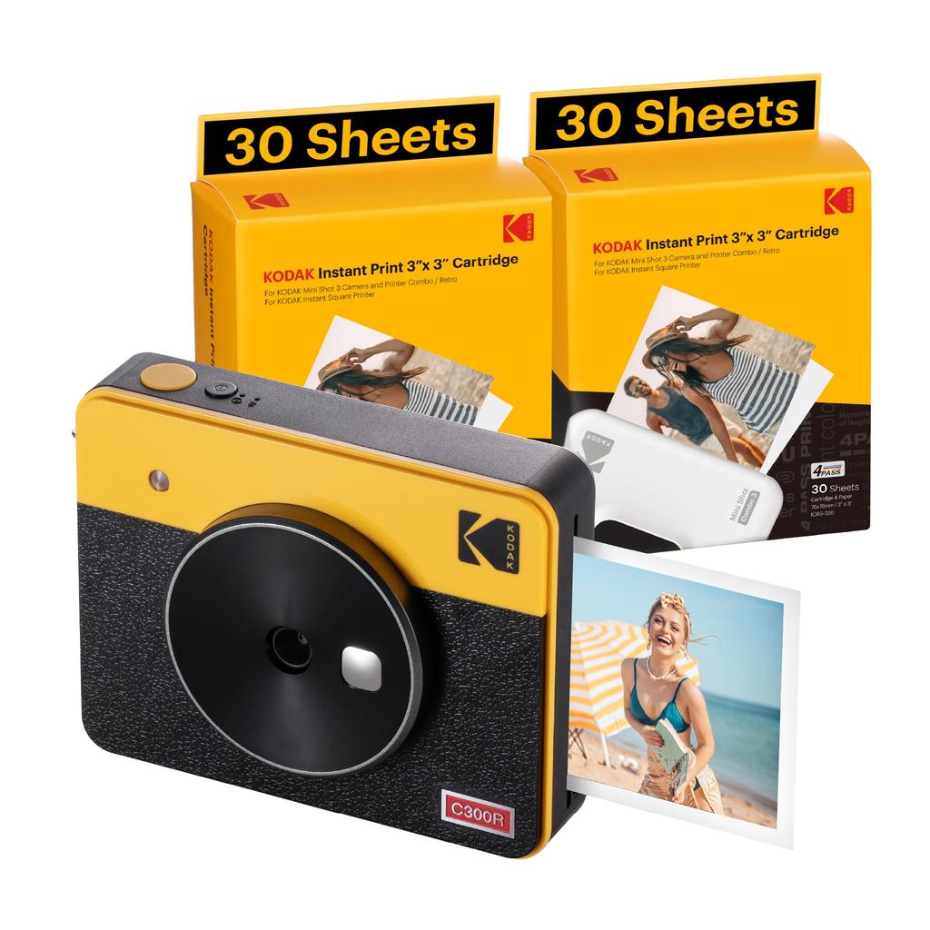 Kodak Mini Shot 3 Retro 4PASS 2-in-1 Instant Camera & Photo Printer (7.6cm X 7.6cm) + 68-Sheet Bundle, Yellow