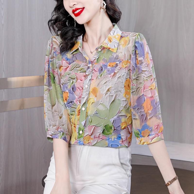 Женский свободный шифоновый топ со средним рукавом: Летняя мода 2024 - Универсальный и приталенный крой, Идеально для изысканного образа