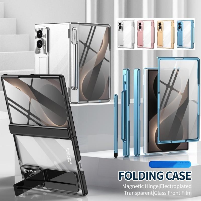 For Samsung Z Fold 8 Ultra / 7 6 5 4 3 Transparent Plating PC Hinge protection Full Body Stand Pen Slot Case with Tempered Glass