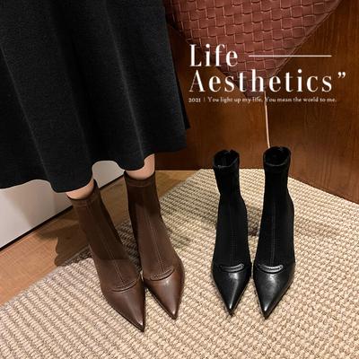 Чао легко носить~ сращивание заостренный кот и тонкие сапоги французские сапоги 34-42 осень и зима новые универсальные короткие сапоги женские