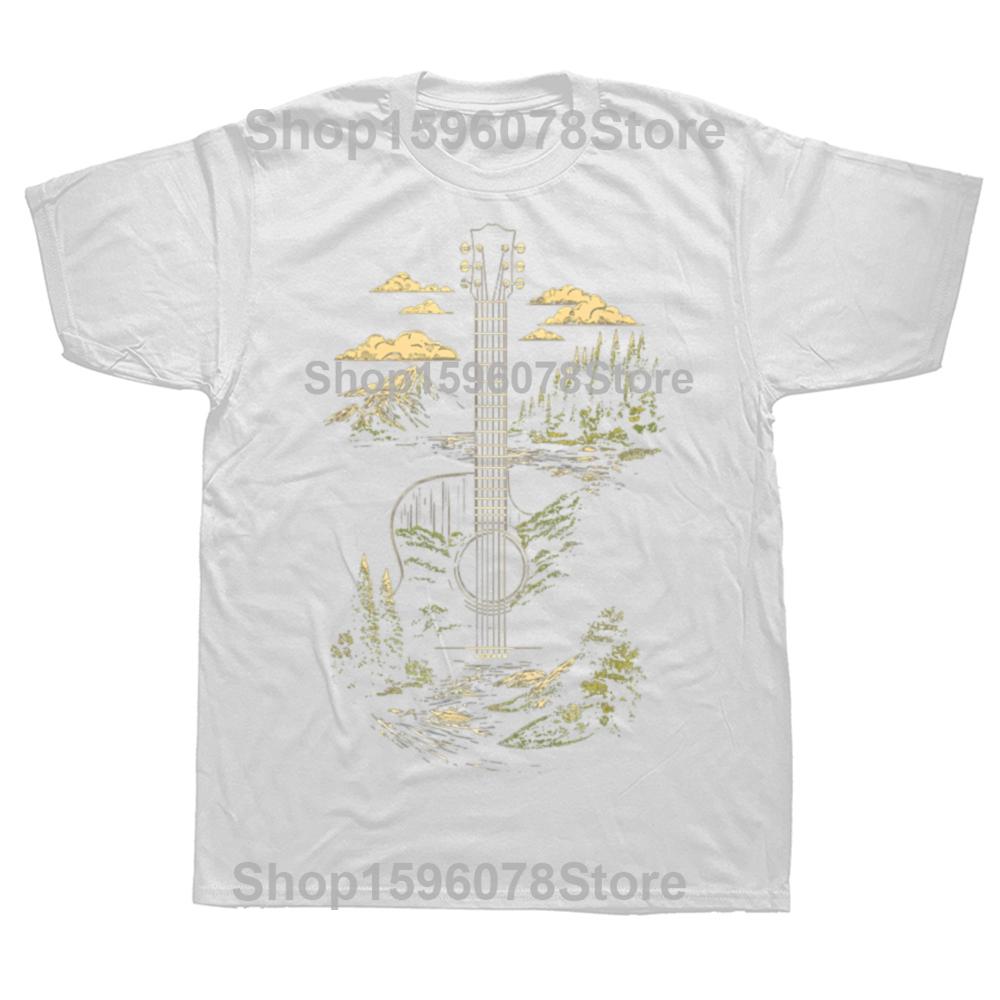 Акустическая гитара Природа Лес Горы Искусство 100% хлопок Футболки Мужские Принт Футболка Свободный Оверсайз Уличная одежда Хип-хоп Футболка