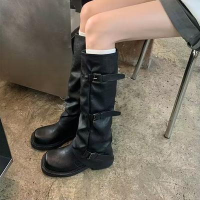 Виноградная мать тот же рост пряжка ремня квадратная круглая голова плиссированные средние трубы рыцарские сапоги женские западные плиссированные сапоги-чулки на платформе