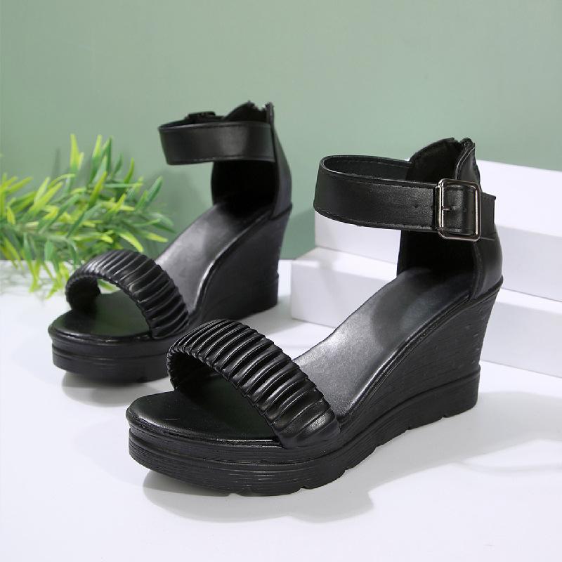 Модные женские босоножки на танкетке с открытым носком больших размеров, летние новые сандалии на платформе с ремешком на щиколотке для женщин, уличные повседневные сандалии на высоком каблуке